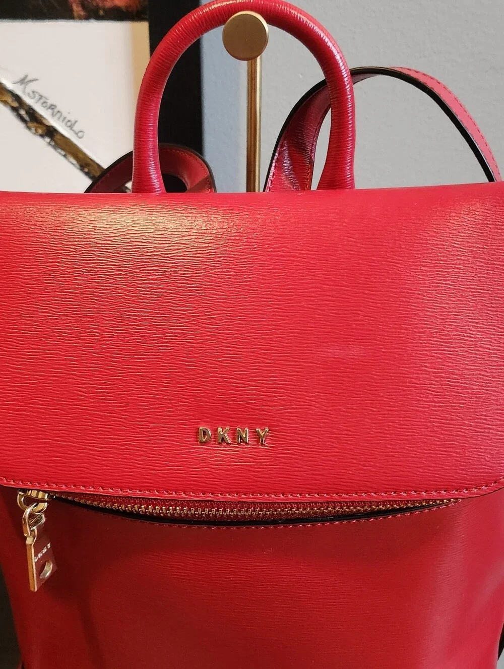 DKNY Red Leather Backpack with Top Handle And Gold Hardware